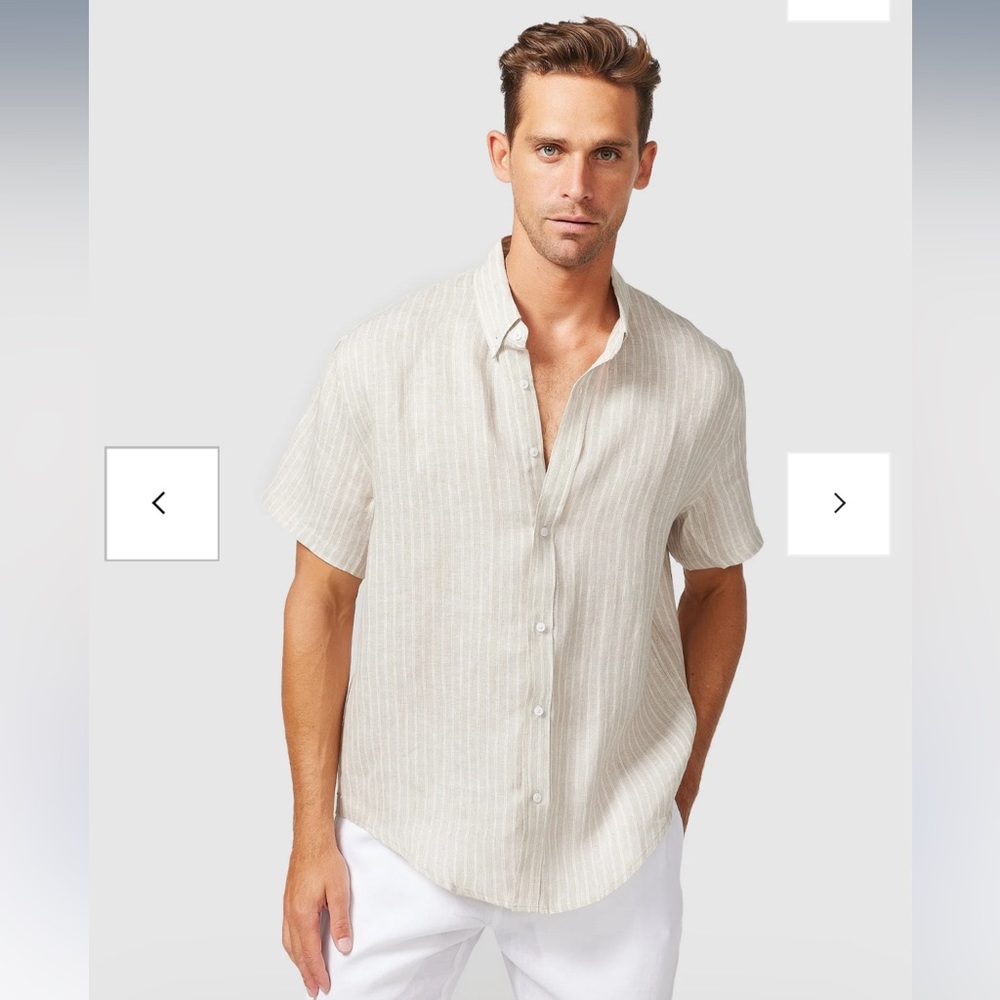 NWT Vacay Swimwear S/S Linen Shirt Brown Stripe Size L